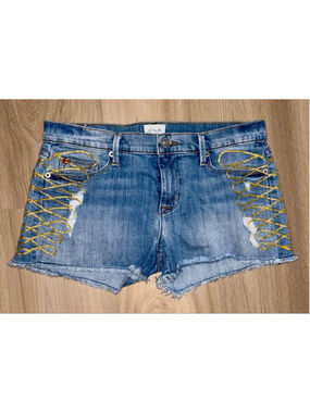 Hudson Hendrix Y2K Cutoff Jean Shorts Gold Metallic Cord Distressed Denim Sz 28